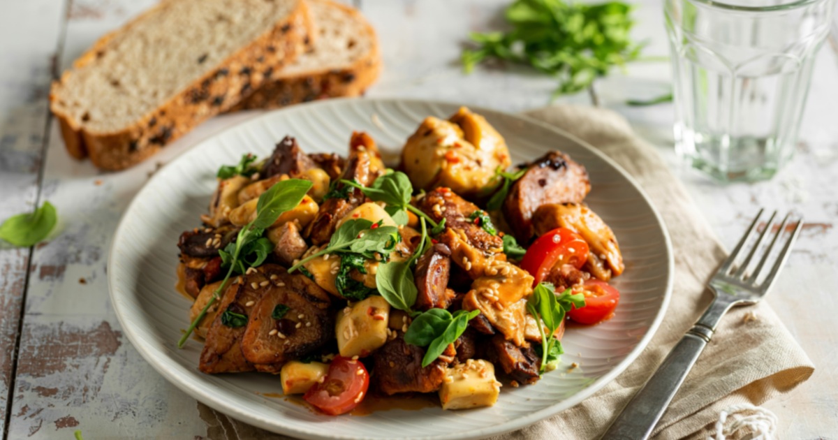Colorful plate of lean protein, leafy greens, and whole grains, with a glass of water beside it