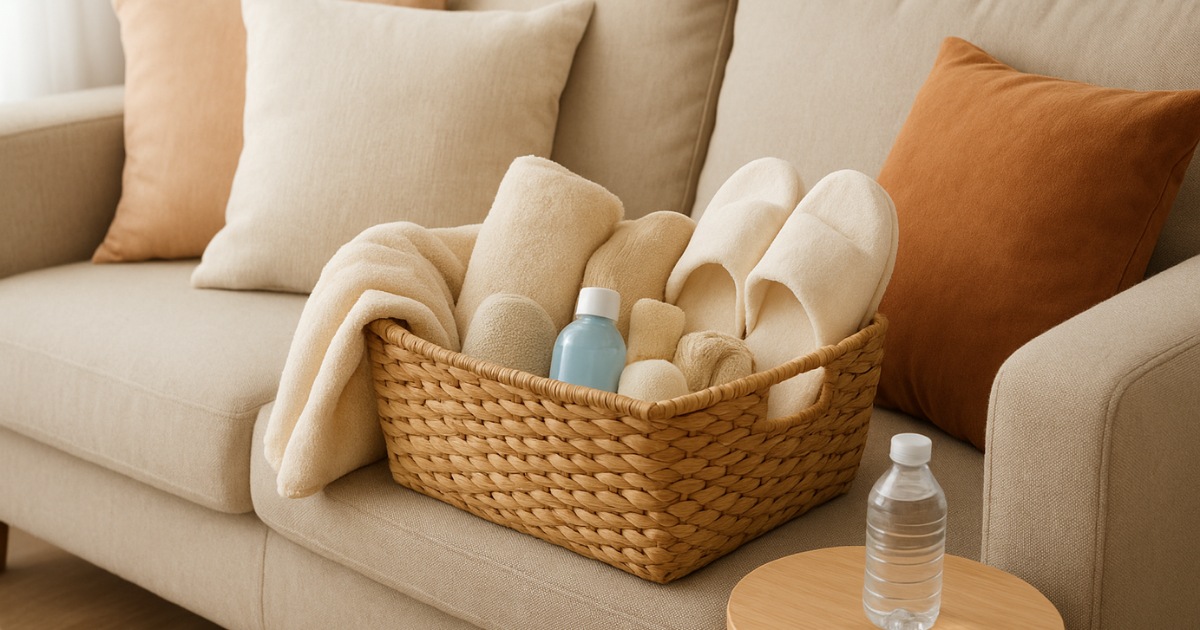 A cozy living room scene with a beige sofa decorated with soft neutral pillows. On the sofa sits a woven basket filled with rolled towels, slippers, and a small blue bottle. A round wooden side table beside the sofa holds a clear water bottle, creating a warm and inviting atmosphere.