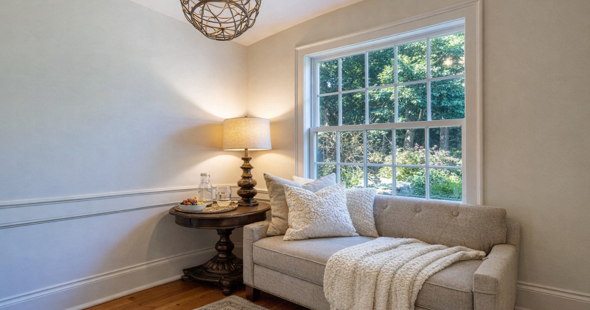 Cozy recovery nook with pillows, blanket, and a small table with water and snacks