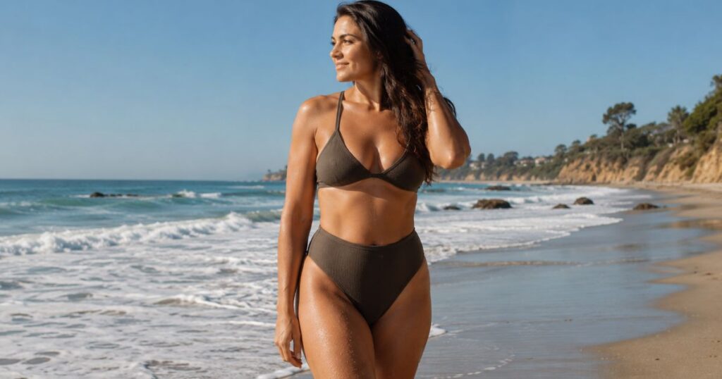 Woman in a bikini walking along the beach, showcasing a toned, contoured abdomen and figure.